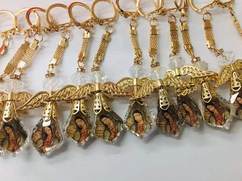 CLGIFT 12 x Rhinestone Angel Lady of Guadalupe Keychains Favors Baptism First Communion Favor recuerditos Christening bautizo Favors/Religious Gift Favor